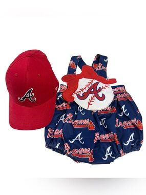 Atlanta Braves Abby & Evie Bubble Romper 12mo and Toddler Braves Red Cap NWT